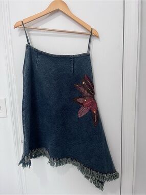 Vintage Y2K Asymmetrical Denim Midi Skirt with Floral Embroidery & Beading XS/0